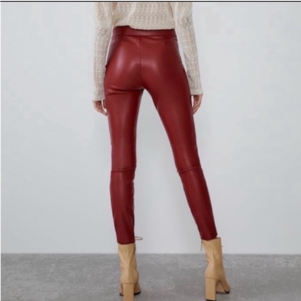 Zara pleather Maroon Pants - Picture 2 of 12